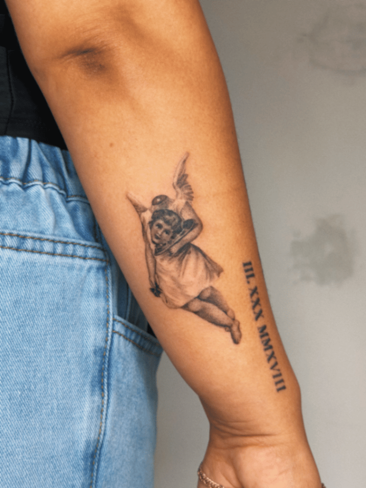 black & grey angel tattoo — by lunayflorestattoo, los angeles