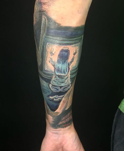 A surreal and dark tattoo of a child in front of a TV on the forearm, rendered in a realistic style with a horror theme — by Sandra Price, los angeles