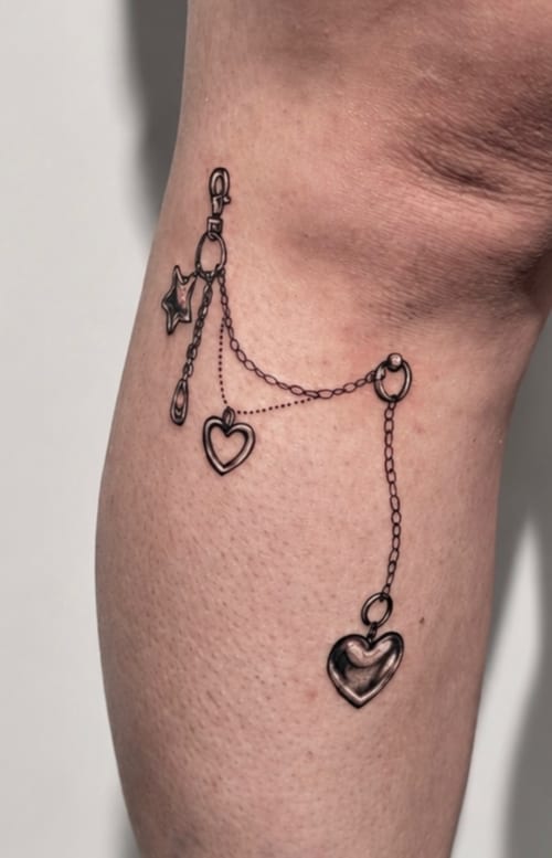 A minimalist fine line tattoo on the arm featuring a chain with heart and star charms in black and grey ink — by Shelby Bianco, los angeles
