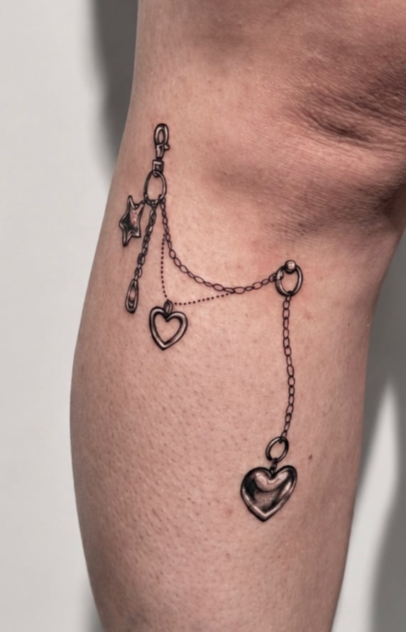 A minimalist fine line tattoo on the arm featuring a chain with heart and star charms in black and grey ink — by Shelby Bianco, los angeles