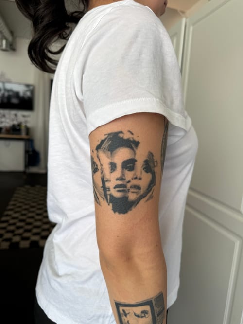 black & grey faces tattoo — by Level tattoo, los angeles