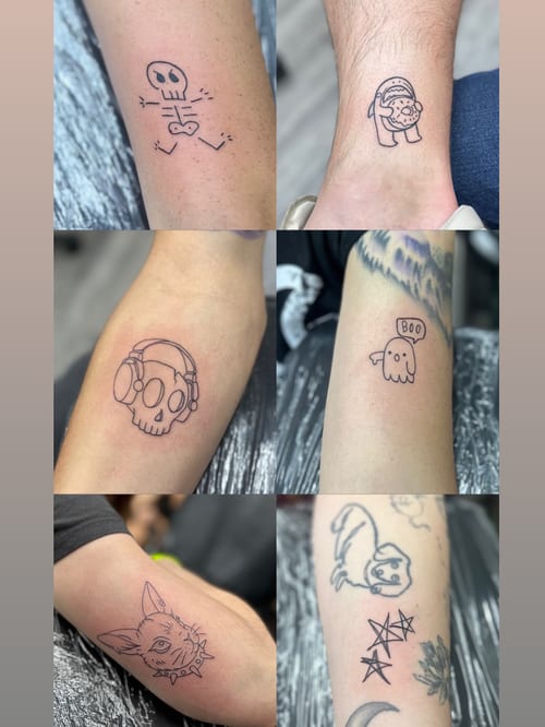 A collection of small minimalist tattoos including skulls, a ghost, and a dog in black and grey linework — by Maddie Ramirez, los angeles