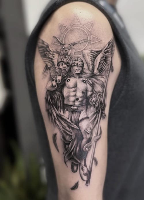 A black and grey tattoo of an angelic figure with wings and a staff on the upper arm, featuring detailed shading and realistic elements — by Jian Liang, los angeles