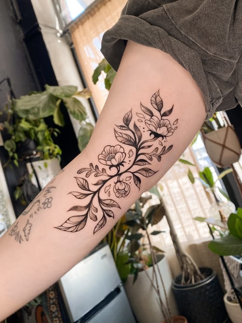 fine line floral design tattoo — by katlyyons, los angeles