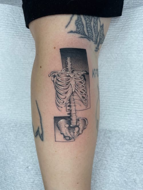 black & grey skeleton torso tattoo — by Vince Espinoza, los angeles