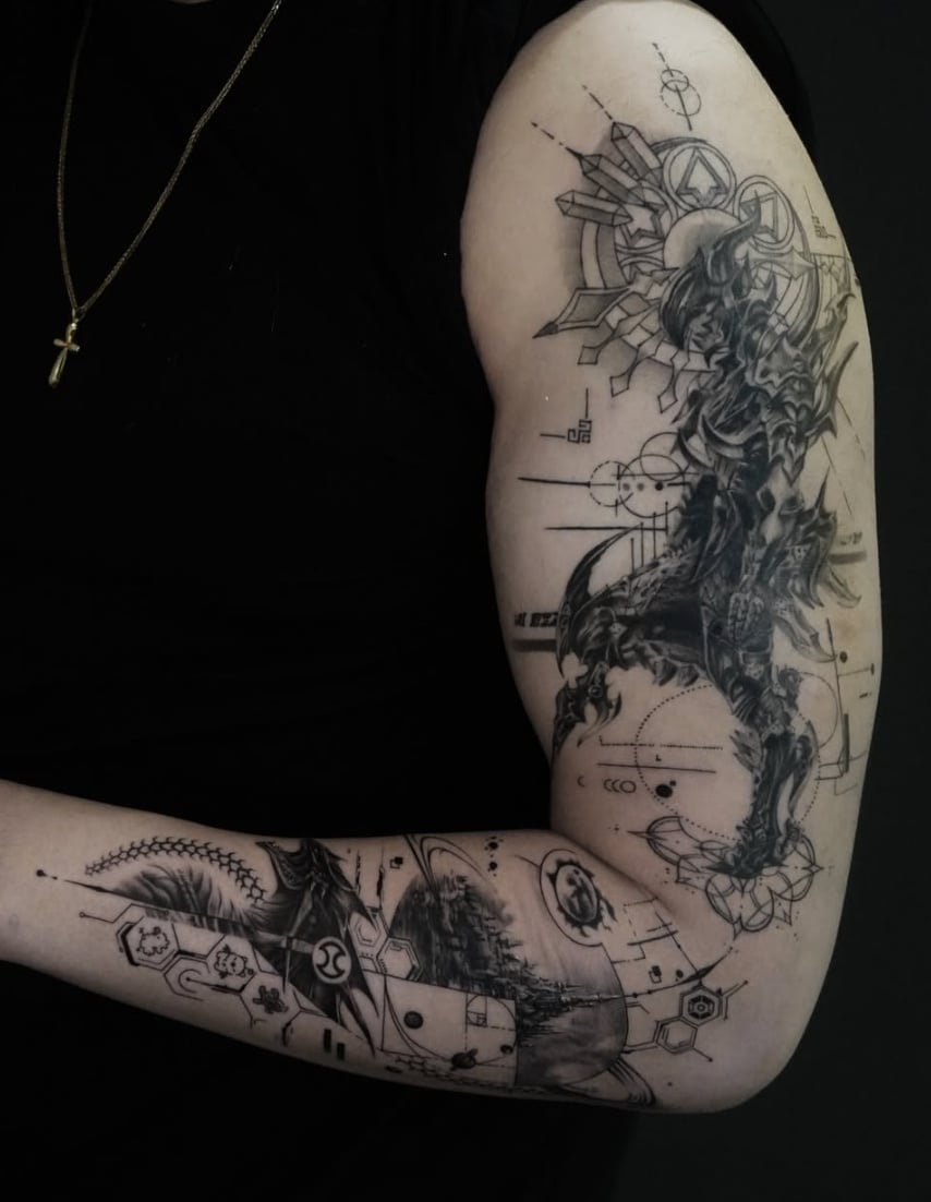 A black and grey bio-mechanical dragon tattoo on the arm, featuring intricate abstract and mechanical elements with detailed linework — by Jian Liang, los angeles