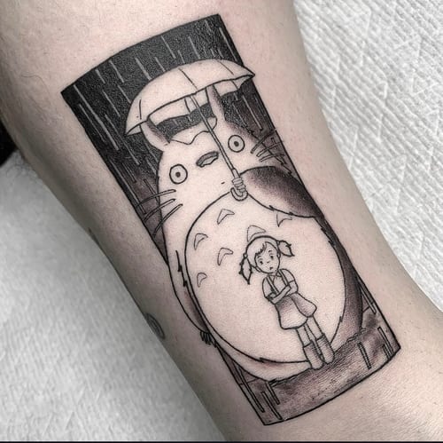 blackwork girl standing with creature under umbrella tattoo — by Vince Espinoza, los angeles