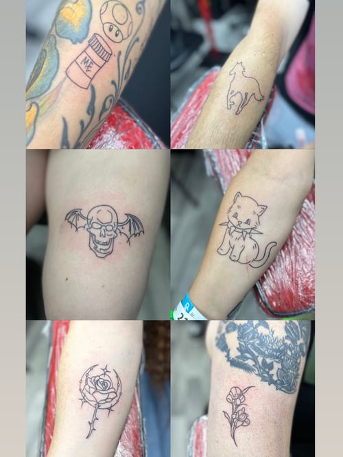 A collection of small fine line tattoos including a cat, skull, and flowers — by Maddie Ramirez, los angeles