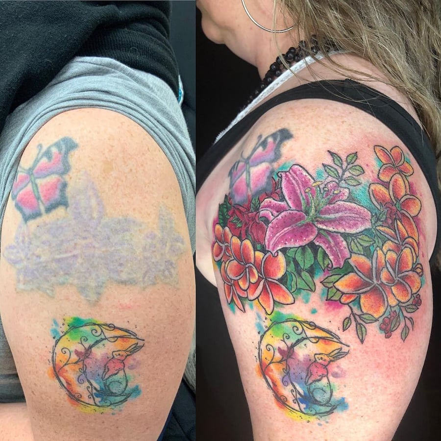 A colorful floral tattoo with a crescent moon on the upper arm, featuring bold watercolor style flowers and vibrant hues — by Sandra Price, los angeles