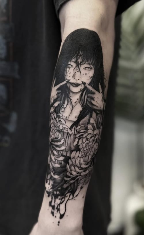 A black and grey illustrative tattoo on the forearm depicting a woman surrounded by flowers with intricate linework and shading — by Jian Liang, los angeles