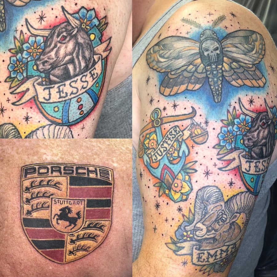 A bold and colorful neo-traditional tattoo featuring a bull and ram with banners on the arm, surrounded by flowers and script names — by Sandra Price, los angeles