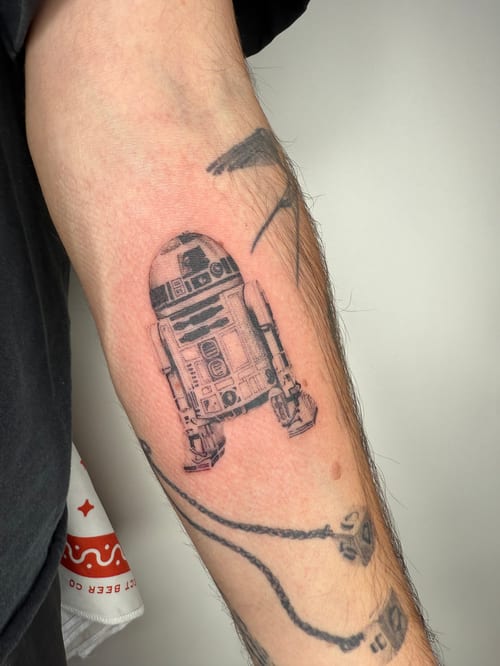 linework robot tattoo — by Level tattoo, los angeles