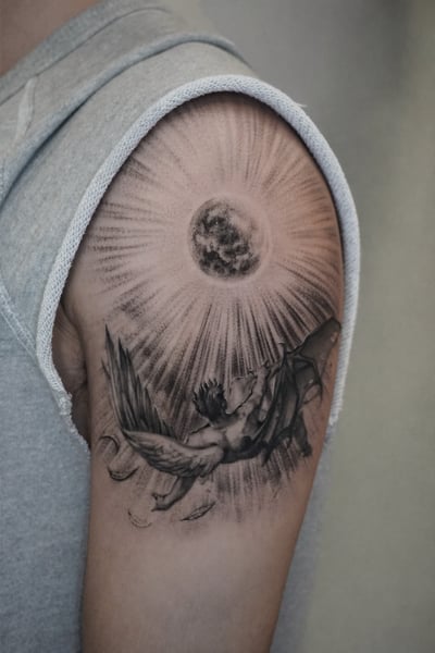 A black and grey tattoo on the upper arm depicting an angel reaching towards a detailed moon with radiant beams — by Jian Liang, los angeles
