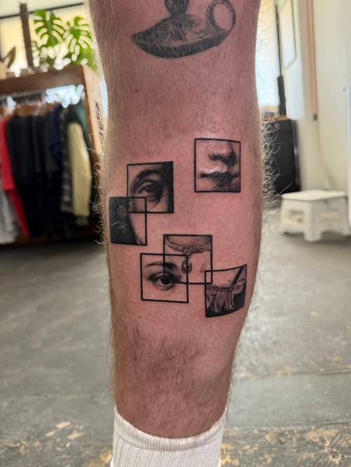 blackwork fragmented face tattoo — by Level tattoo, los angeles