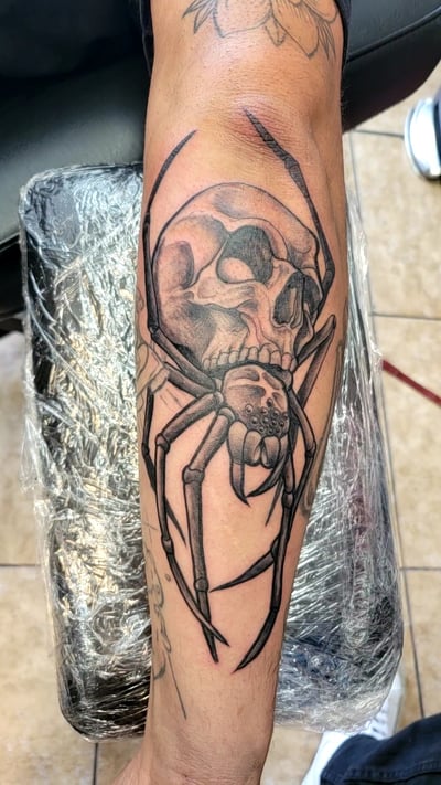 A black and grey tattoo of a realistic spider with a skull on its back, located on the forearm. The design features detailed linework and shading — by Dretty, los angeles