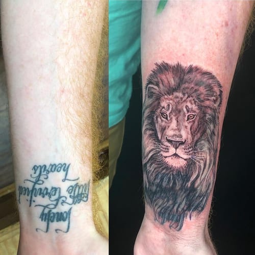 A realistic black and grey lion portrait tattoo on the forearm with detailed fur texture — by Sandra Price, los angeles