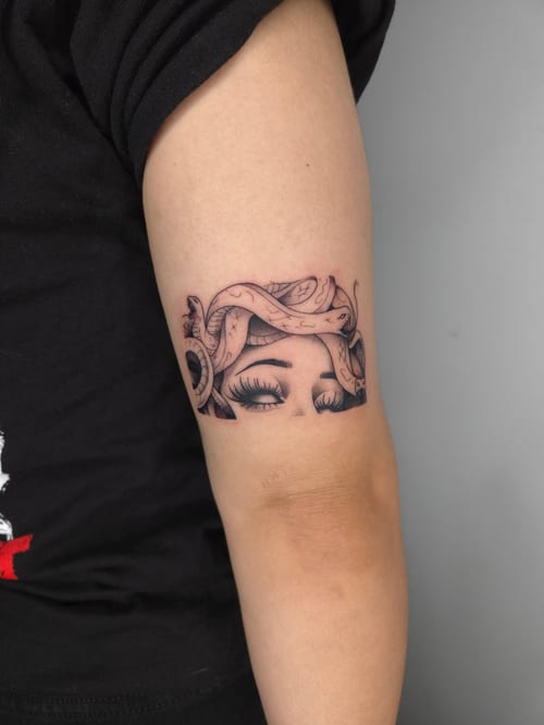 neo-traditional woman with snakes tattoo — by ashynucklestattoo, los angeles