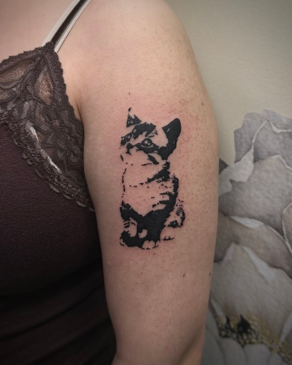 blackwork kitten tattoo — by emily, rahway