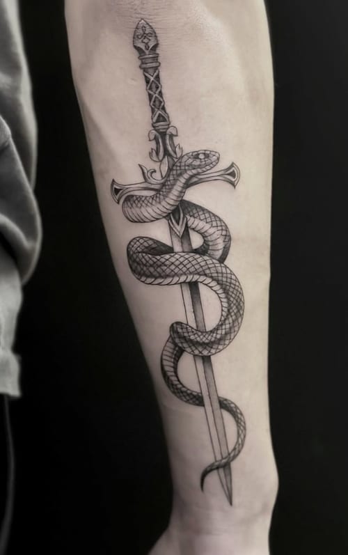 A black and grey tattoo of a realistic snake coiled around a sword on the forearm, featuring detailed shading and linework — by Jian Liang, los angeles