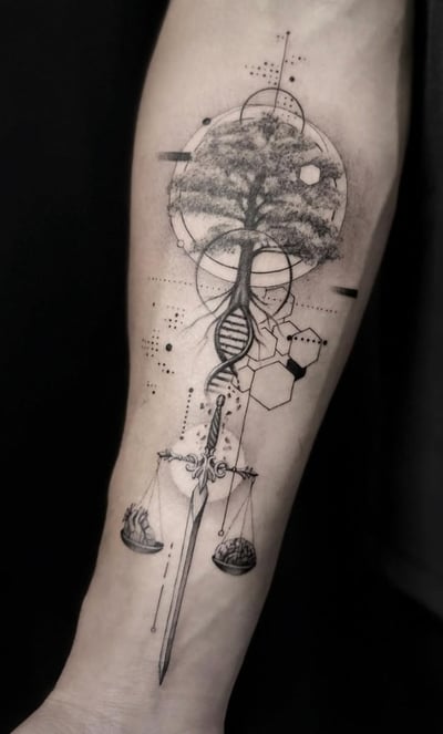 A black and grey geometric tattoo on the forearm featuring a tree, sword, and scales with intricate dotwork and line details — by Jian Liang, los angeles