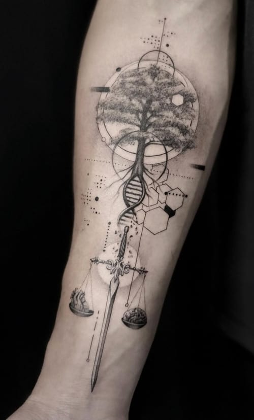 A black and grey geometric tattoo on the forearm featuring a tree, sword, and scales with intricate dotwork and line details — by Jian Liang, los angeles