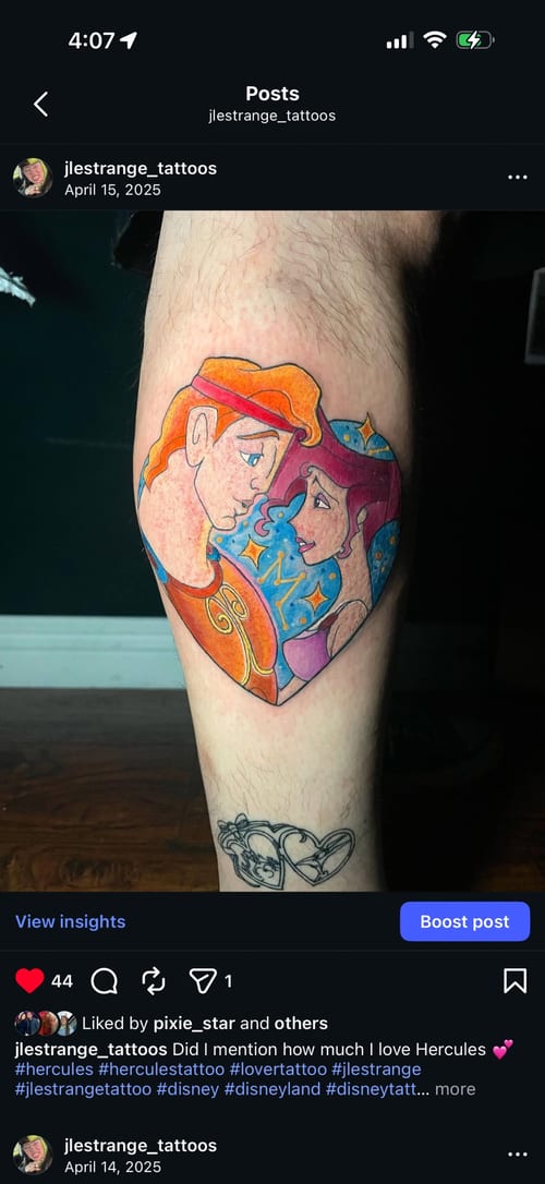 A colorful Neo-Traditional tattoo of Hercules and Megara on the calf, featuring bold outlines and vibrant colors — by Jessica Linden, los angeles