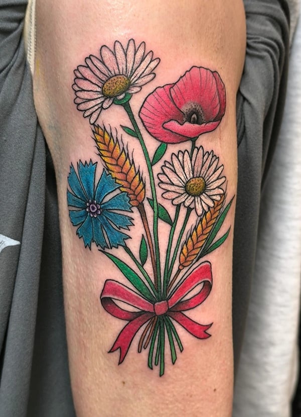 A colorful traditional style bouquet of flowers tattoo on the arm with bold outlines and vibrant colors — by Samuel Connelly, san diego, ca