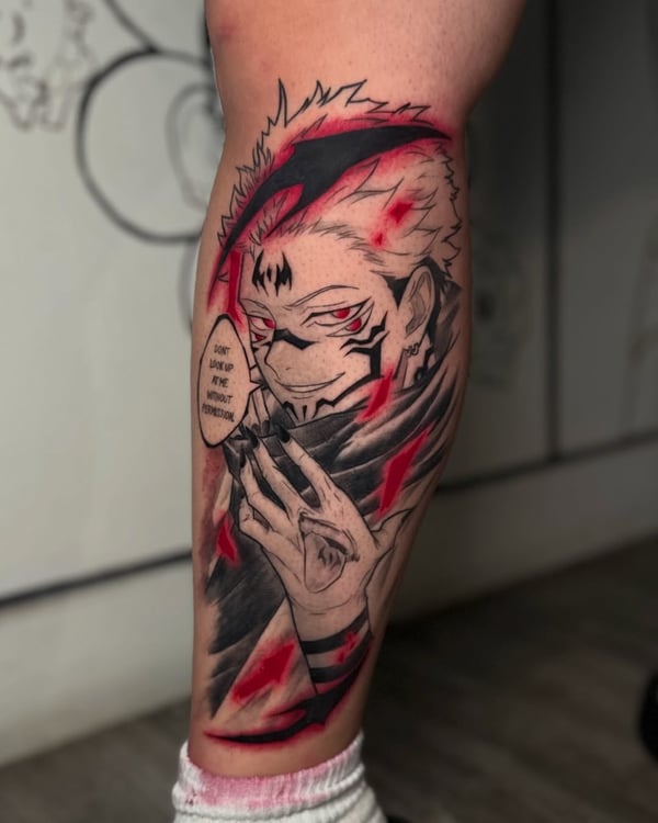 A bold anime character tattoo on the leg with graphic elements and mixed color highlights — by zealous, los angeles