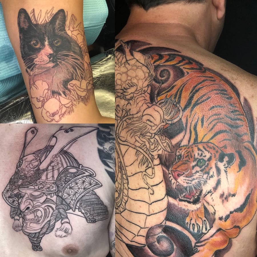 A mixed style tattoo collection featuring a realistic cat on the arm, a samurai mask on the chest, and a colorful tiger and dragon on the back — by Sandra Price, los angeles
