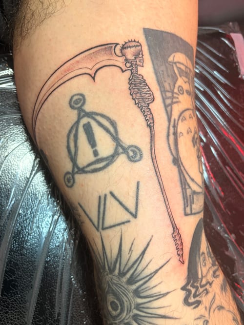 linework skeleton scythe tattoo — by Vince Espinoza, los angeles