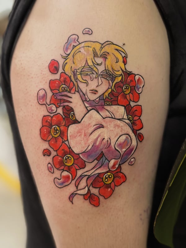 A colorful anime-style tattoo of a woman surrounded by red flowers on the upper arm, featuring bold outlines and vibrant colors — by Tweetwee, west covina, ca