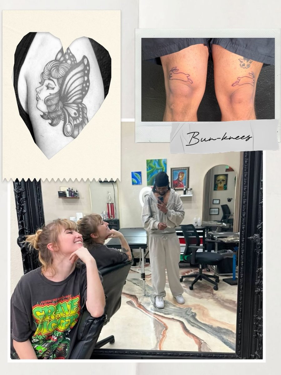 A black and grey tattoo of a woman's face with butterfly wings on the arm, featuring delicate and ornate illustrative details — by Kiera Garvin, los angeles