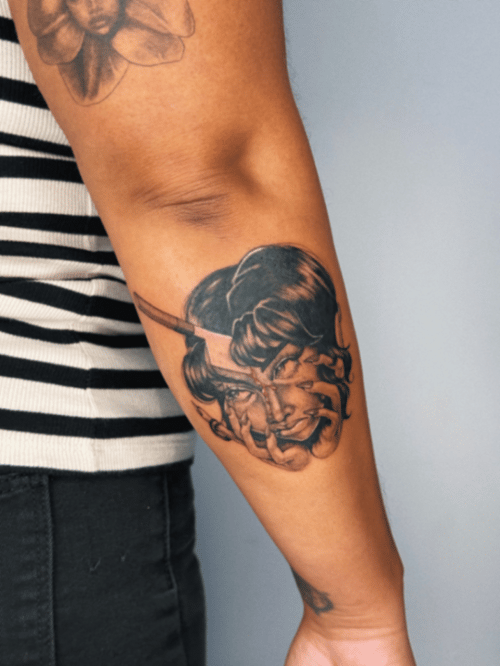 neo-traditional woman's face with dagger tattoo — by lunayflorestattoo, los angeles