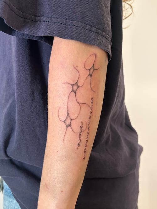 abstract fine line composition of organic web-like forms with stippled nodes on the arm — by brian kies, los angeles