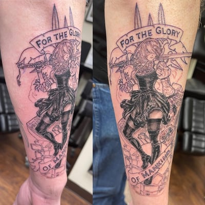 A bold black and grey tattoo of an anime character with a sword on the forearm, featuring intricate linework and graphic elements — by Sandra Price, los angeles