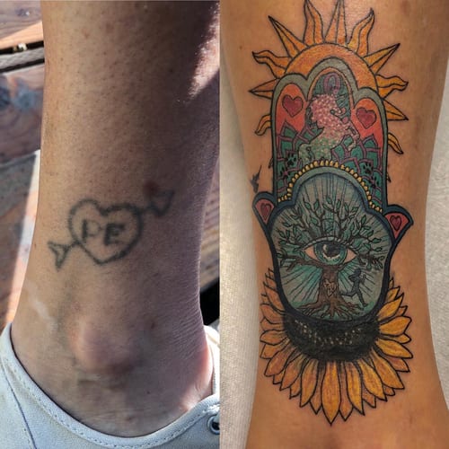 A colorful hamsa tattoo on the ankle featuring an eye, tree, and sunflower with ornate and spiritual elements — by Sandra Price, los angeles