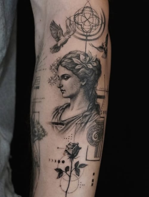 A black and grey tattoo on the forearm featuring a realistic portrait of a woman surrounded by geometric patterns, birds, and a rose — by Jian Liang, los angeles