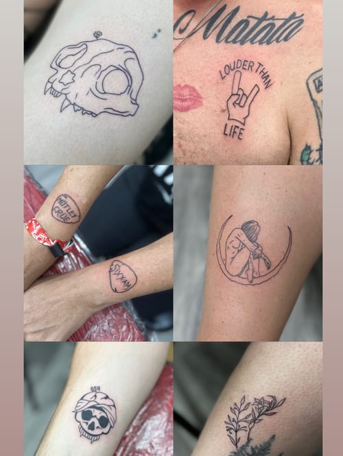 A collection of small, minimalist tattoos including a skull, script, and floral designs in fine line style — by Maddie Ramirez, los angeles