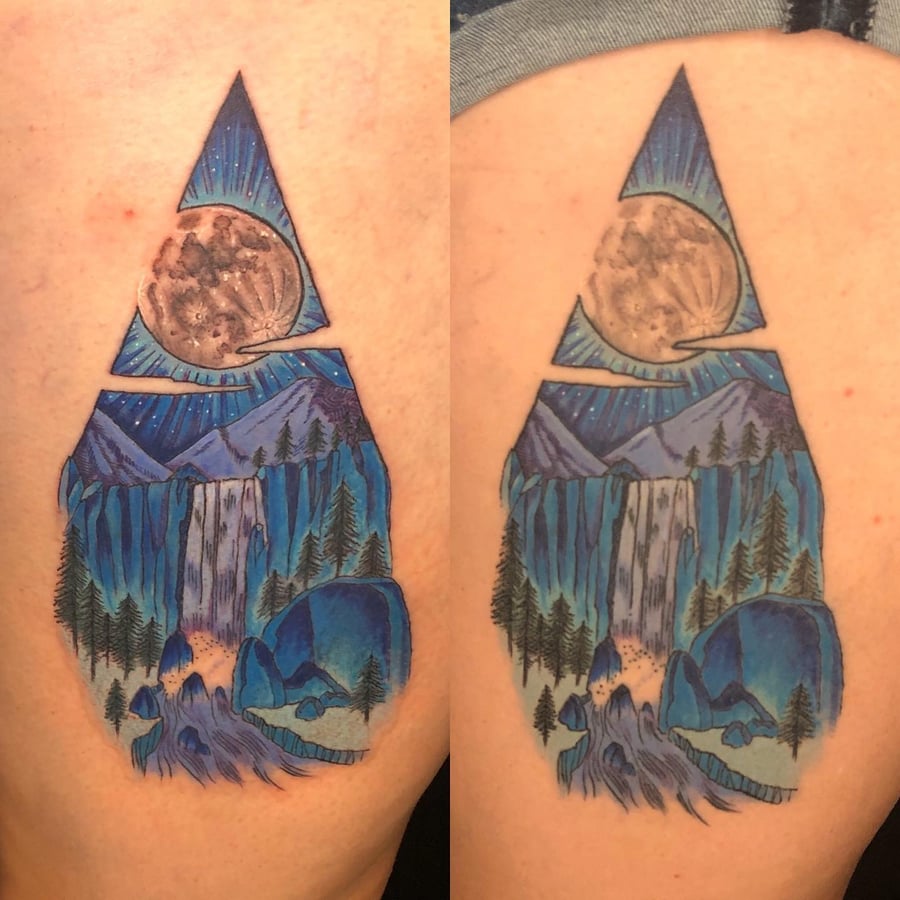 A colorful geometric landscape tattoo featuring a moon, mountains, and a waterfall in an illustrative style — by Sandra Price, los angeles