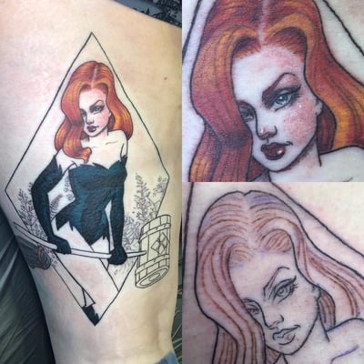 A bold neo-traditional tattoo of a woman holding a hammer on the thigh, featuring vibrant colors and graphic lines — by Sandra Price, los angeles