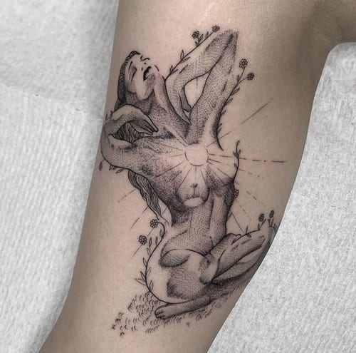 dotwork woman with sun tattoo — by Vince Espinoza, los angeles