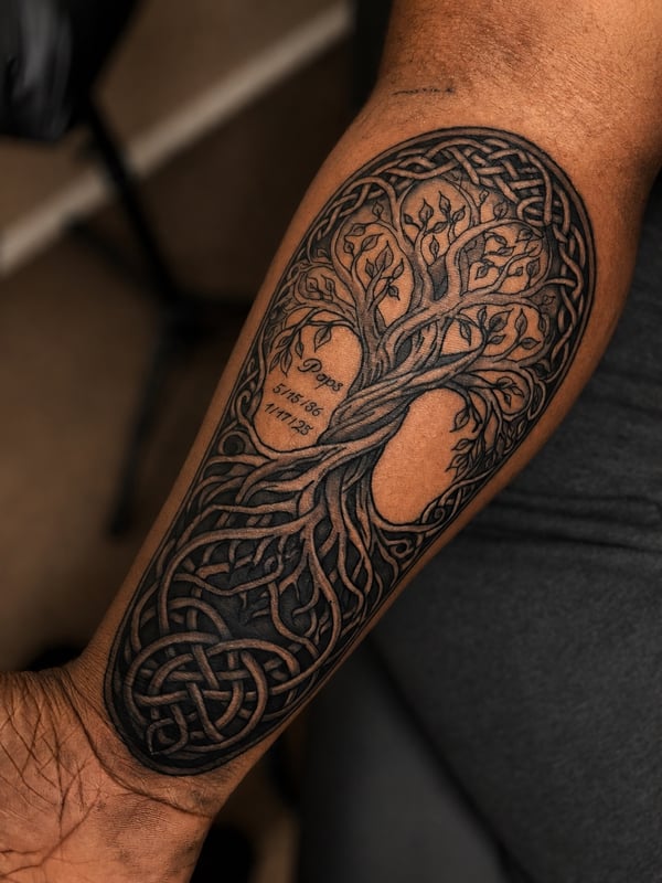 A bold blackwork Celtic tree of life tattoo on the forearm, featuring intricate knotwork and memorial text — by HEAVY INK, chino, ca