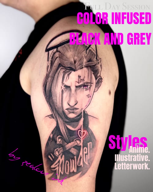 An illustrative anime-style tattoo of a woman with lettering on the upper arm, featuring a mix of black and grey with color accents — by zealous, los angeles