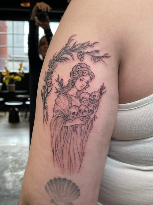 fine line woman holding skulls tattoo — by Vince Espinoza, los angeles