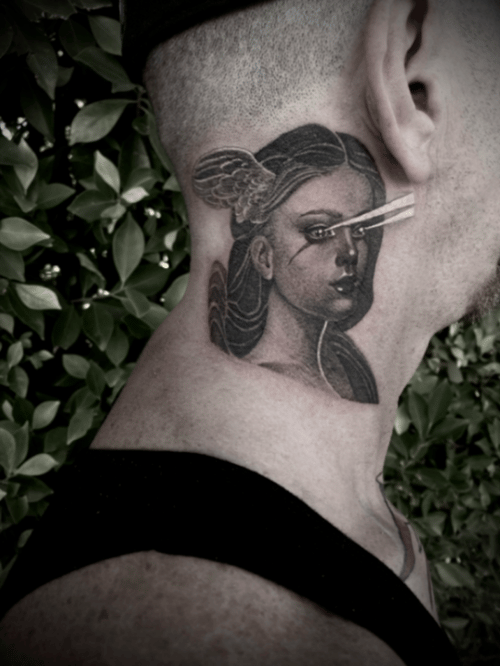 A black and grey realism tattoo of a woman's face with a surreal element on the neck, featuring fine detail and shading — by tyler_whitlock, los angeles