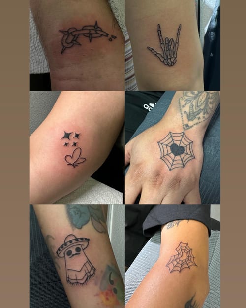 A collection of small minimalist tattoos including a skeleton hand and spider web in black and grey linework — by Maddie Ramirez, los angeles
