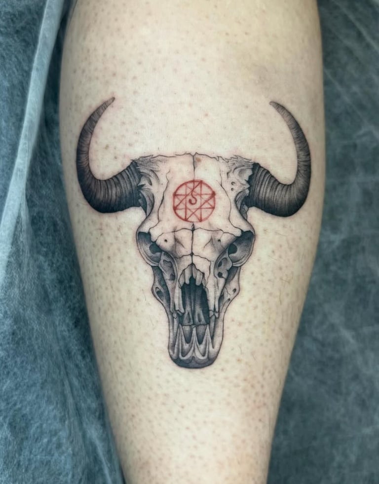A detailed blackwork tattoo of a bull skull with dotwork shading and a red symbol on the forehead, placed on the calf — by otaybeatdown, los angeles