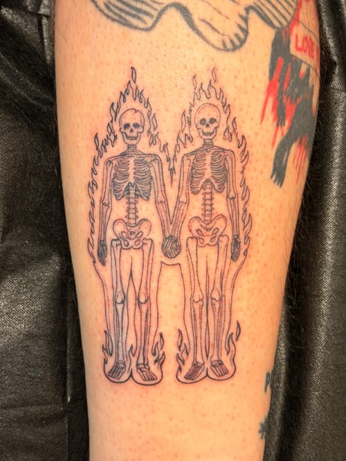 linework two skeletons holding hands tattoo — by Vince Espinoza, los angeles