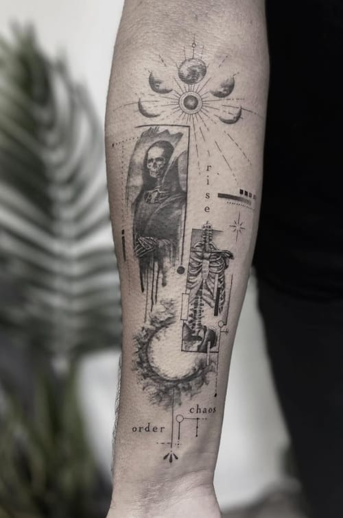 A surreal black and grey tattoo on the forearm featuring a skeleton, moon, and script elements with intricate dotwork and blackwork shading — by Jian Liang, los angeles
