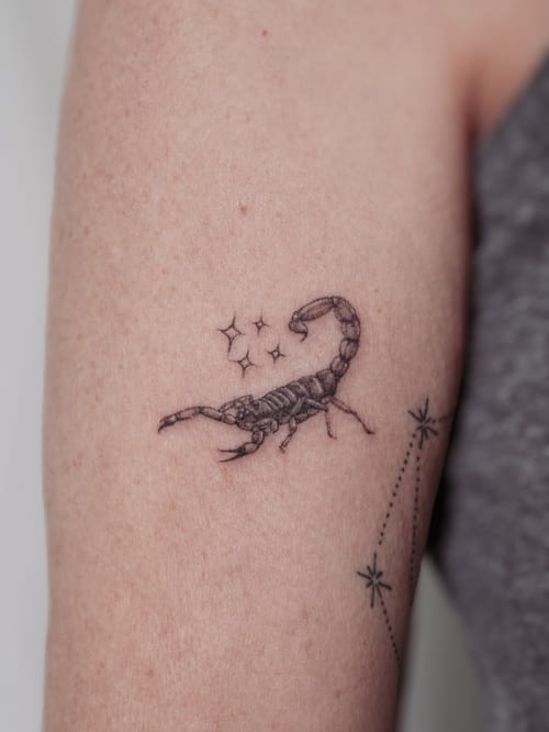 A delicate black and grey fine line scorpion with stars tattoo on the upper arm — by Melanie Benoit, los angeles